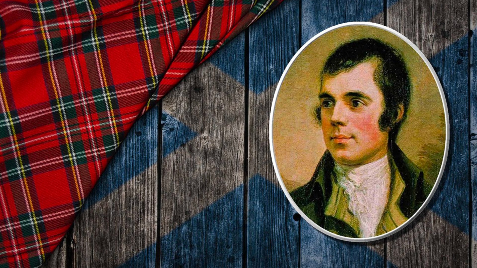 Portrait of the poet Robert Burns atop a Scotland flag